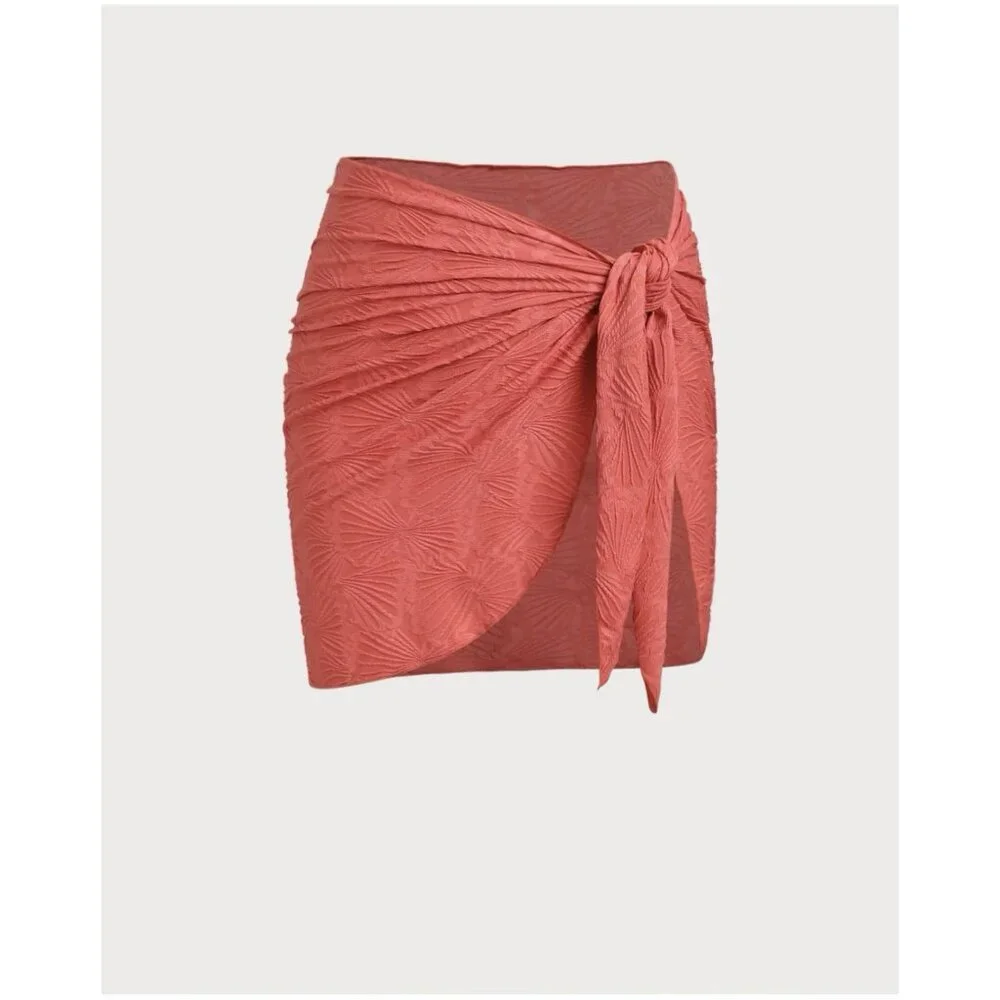 Berlook Red Textured Shells Wrap Cover Up Skirt Large Ruffled Midi Tie Side